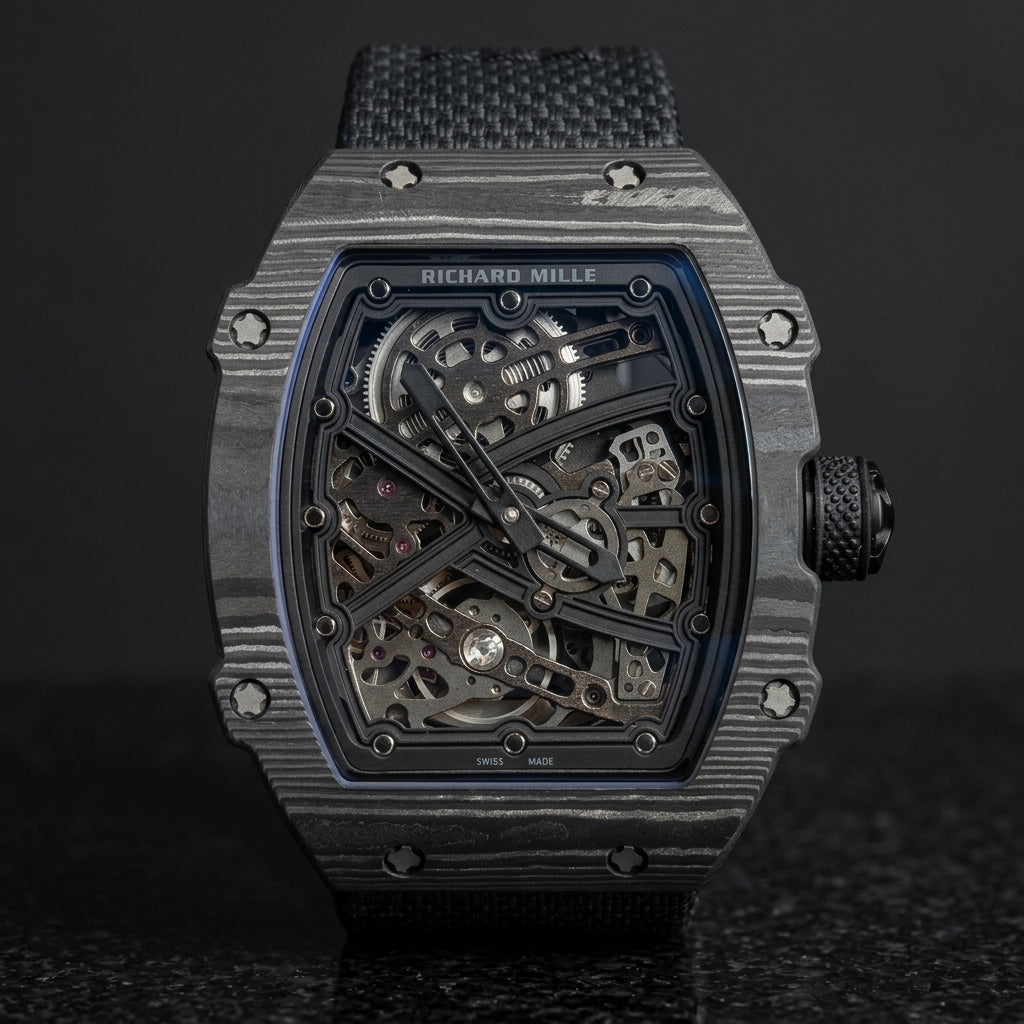 All-black carbon tonneau skeleton watch with a black X over the open movement, upright on polished black granite