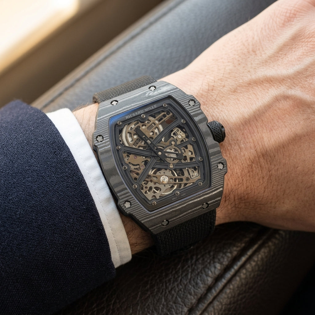 All-black carbon tonneau watch on its black woven strap, worn on the wrist below a dark suit cuff