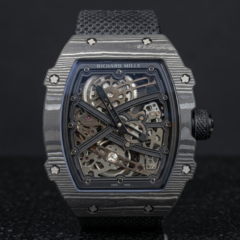 All-black carbon tonneau watch on its black woven strap, worn on the wrist below a dark suit cuff