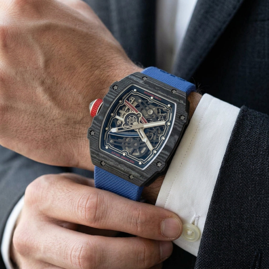 Ultra-thin black carbon skeleton tonneau watch with blue and red details on the wrist as a shirt cuff is fastened