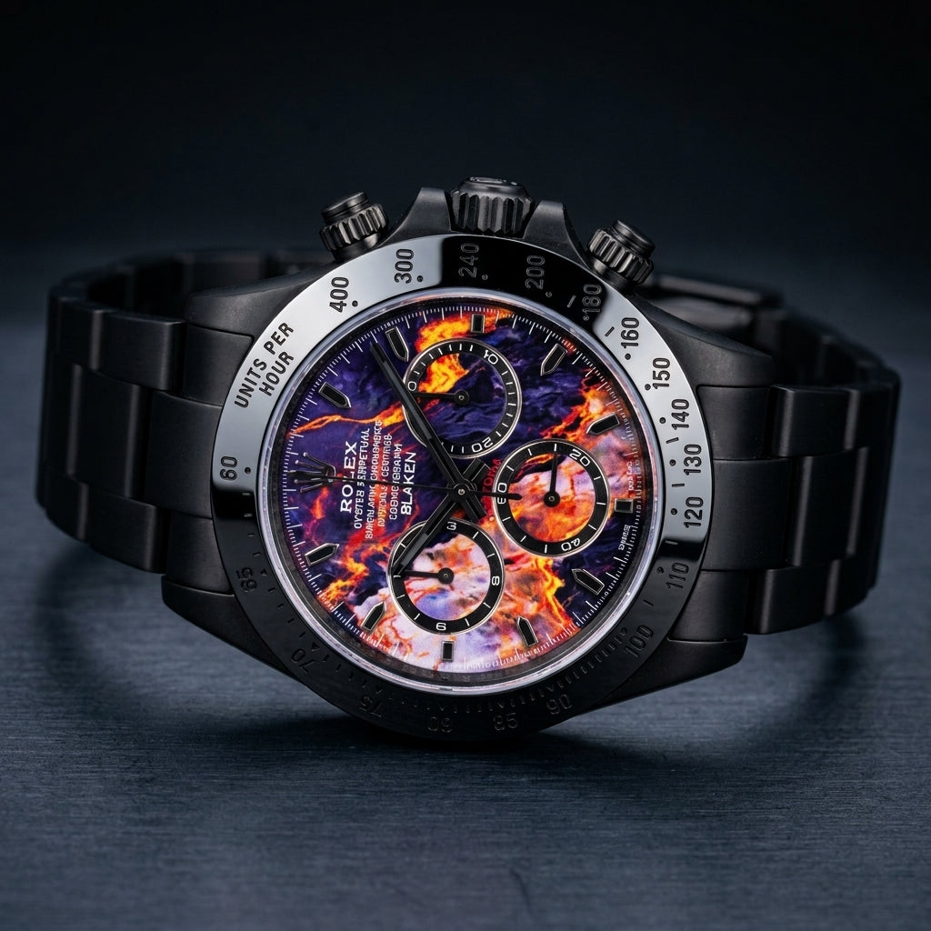 Violet lava chronograph at a three-quarter angle on dark slate, showing its mirror-polished black bezel and black screw-down pushers