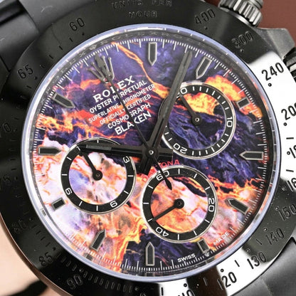 Macro of the hand-painted violet and indigo dial, its orange, yellow and red veins, pale lilac cloud and all-black hands