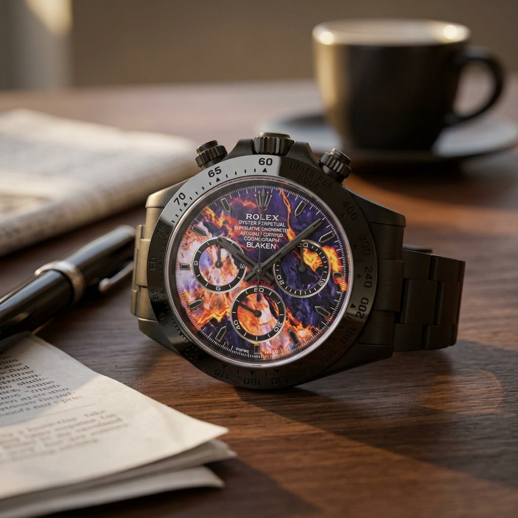 Black DLC chronograph with a violet lava dial and all-black hands on a dark walnut desk beside a fountain pen