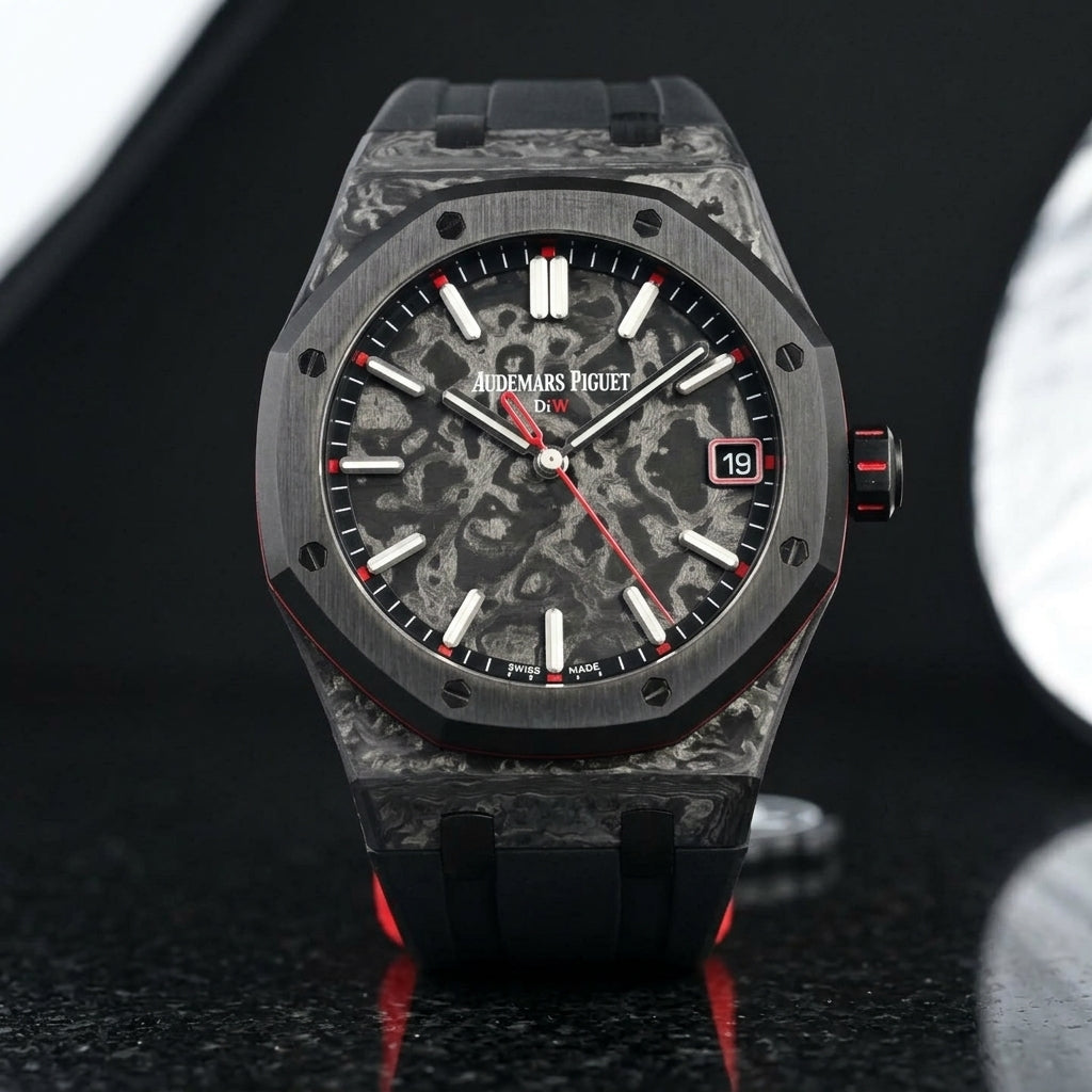 Forged carbon octagonal watch with a marbled dial and red accents on black granite