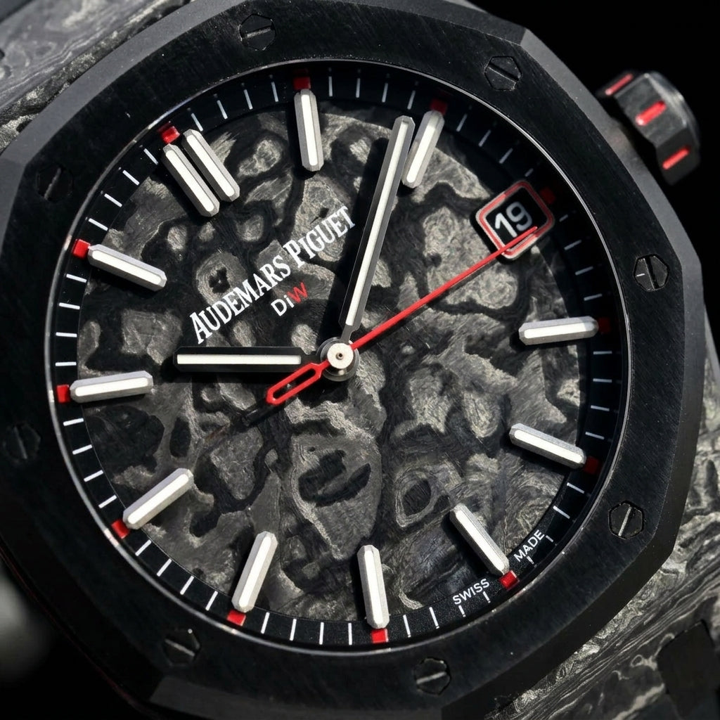 Macro of the marbled carbon dial and its red accents