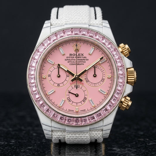 White carbon chronograph with a pale pink stone bezel and a pink dial, upright on polished black granite