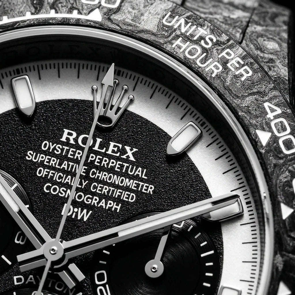 Macro of the black dial, the white chapter ring and the three black counters