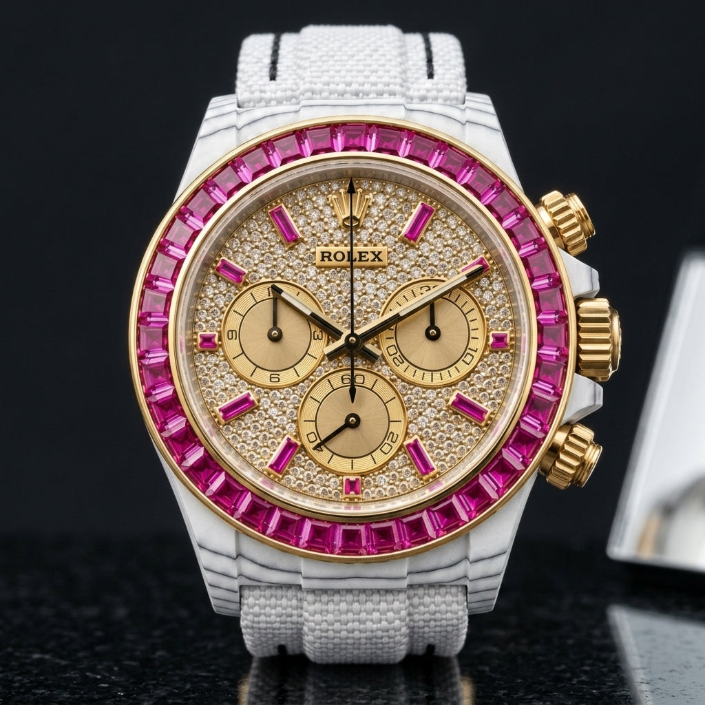 White carbon chronograph with a fuchsia stone bezel and a paved gold dial, upright on polished black granite