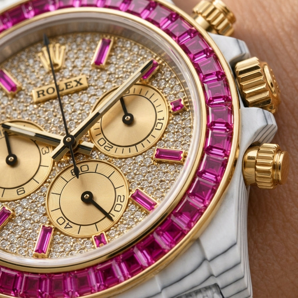 Macro of the paved dial with fuchsia baguette markers and champagne-gold counters inside the fuchsia stone bezel