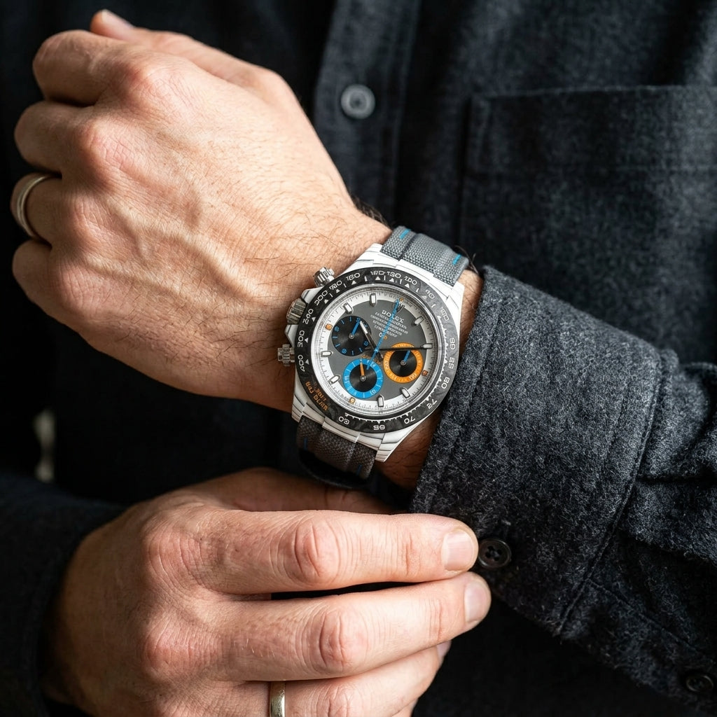 White ribbed-case chronograph with orange and blue counters on the wrist as a shirt cuff is fastened