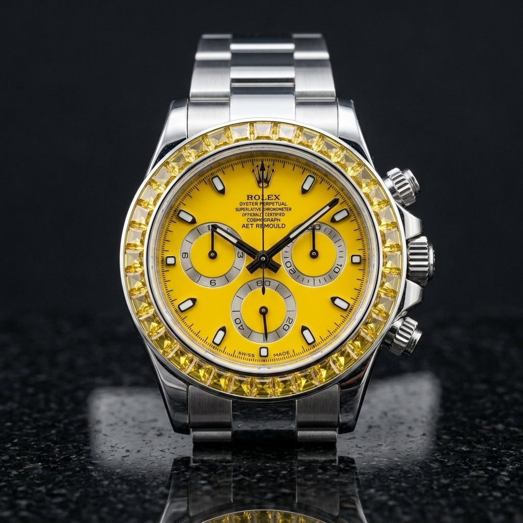 Steel chronograph with canary yellow dial and yellow stone bezel on black granite