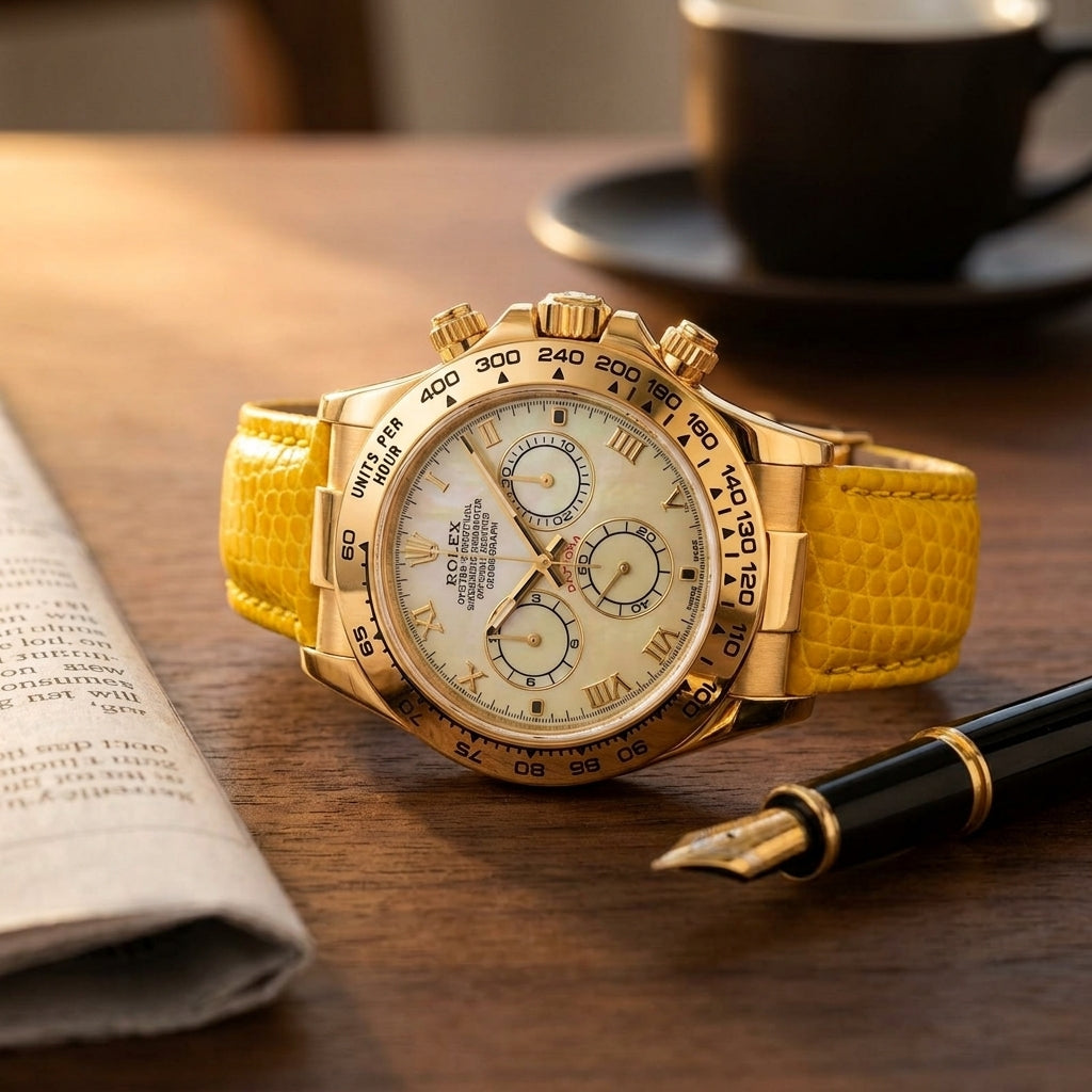 Gold-tone chronograph with a yellow mother-of-pearl dial and Roman numerals on a dark walnut desk beside a fountain pen