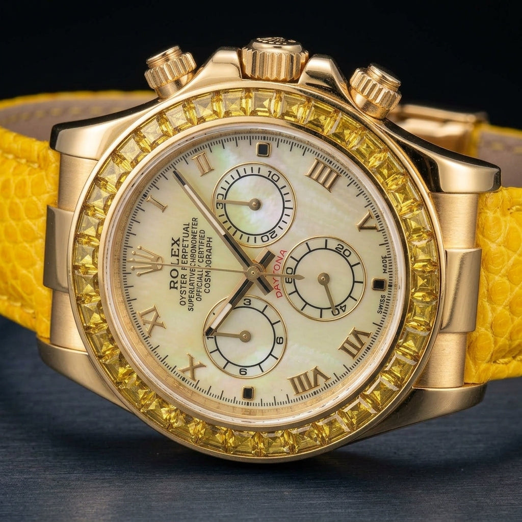 Gold-tone chronograph with a golden-yellow stone bezel at a three-quarter angle on dark slate, its bright yellow lizard-grain strap curving away