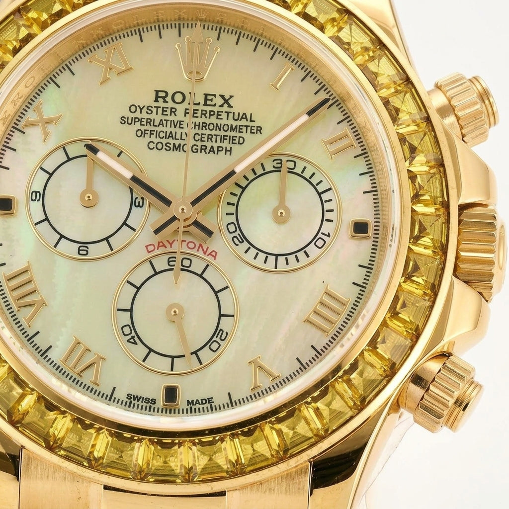 Macro of the yellow mother-of-pearl dial with gold Roman numerals, three pale yellow counters in gold rings and the golden-yellow stones at the edge