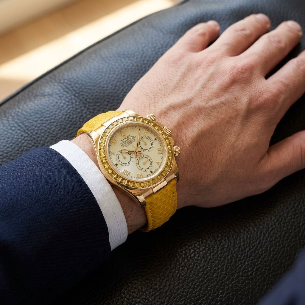 Gold-tone chronograph with a yellow mother-of-pearl dial and a golden-yellow stone bezel on a bright yellow lizard-grain strap, worn on the wrist below a navy suit cuff