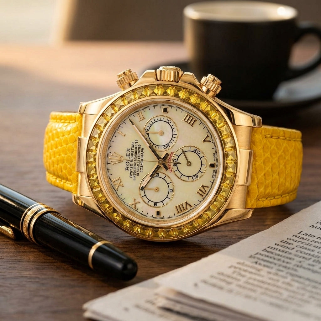 Gold-tone chronograph with a yellow mother-of-pearl dial and a golden-yellow stone bezel on a dark walnut desk beside a fountain pen